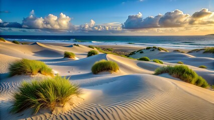 Obraz premium Photo of scenic coastal landscape featuring sand dunes, a beautiful beach, and the vast ocean under a cloudy sky, creating a peaceful and serene atmosphere for travel and relaxation