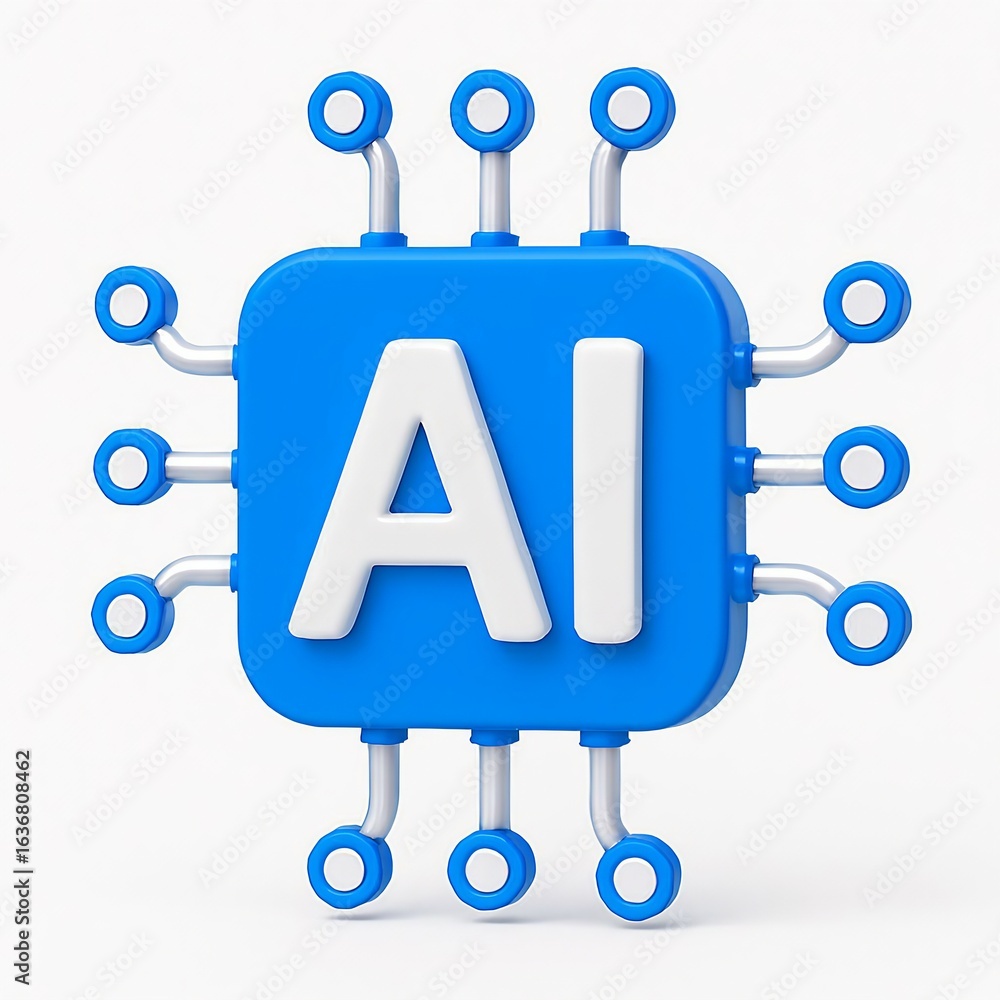Aufkleber blue ai chip with connecting wires and circular nodes on white background