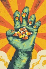Monster hand clutching bright candy corn in a playful retro cartoon style against a vibrant, sunburst background Generative AI