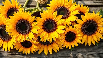 Sunflowers beautifully arranged on a rustic wooden surface with warm lighting.
