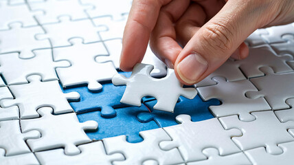 Completing the puzzle, a hand places the final piece, symbolizing problem-solving, strategy, and success with interlocking pieces for business themes