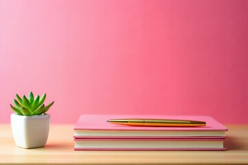 Fototapeta premium Photo of succulent plant and pink notebook with golden pen on wooden desk against pink wall