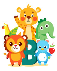 Naklejka premium Colorful Kids Learning Alphabet with Fun Cartoon Animals – Vector Illustration