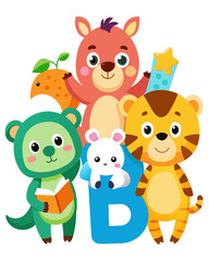 Obraz premium Colorful Kids Learning Alphabet with Fun Cartoon Animals – Vector Illustration