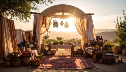 Fototapeta premium Outdoor Dining Setup at Sunset with Curtains and Decorative Rug