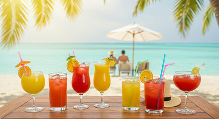 Colorful tropical cocktails on a wooden table with a beach view, a couple relaxing under an umbrella