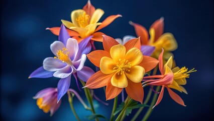 Naklejka premium Vibrant bouquet of colorful columbine flowers with delicate petals and spurs against a dark blue background