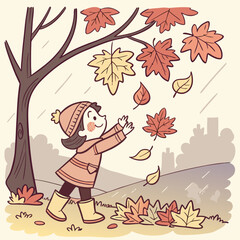 child with autumn leaves Cute girl in beautiful Autumn Leaves on the fall season rainy day vector coloring page