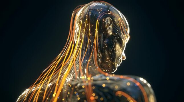 Cinematic view of a translucent, glowing android formed from liquid crystal, with streams of golden light and flowing data visible through its neural pathways, creating an elegant futuristic sci-fi ae