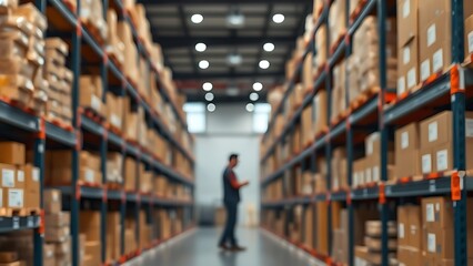 Obraz premium A modern warehouse interior with organized shelves and a worker silhouette in soft ambient lighting.