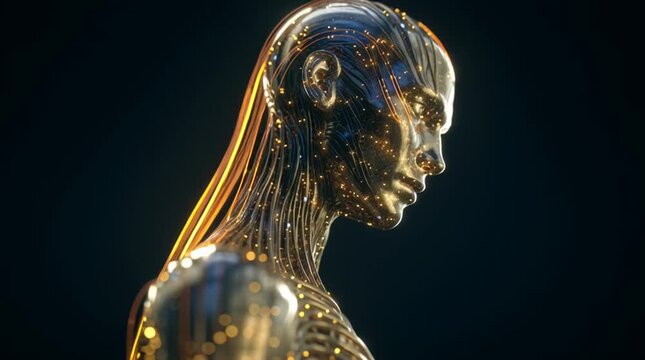 Cinematic view of a translucent, glowing android formed from liquid crystal, with streams of golden light and flowing data visible through its neural pathways, creating an elegant futuristic sci-fi ae