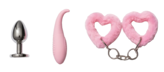 Intimate woman sex toys transparent PNG cutout set bundle, isolated background. Butt plug, vibrator, fluffy pink handcuffs, foreplay, pleasure, games graphic resource