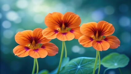 Three vibrant orange nasturtium flowers with deep red centers bloom brightly against a soft blue bokeh background