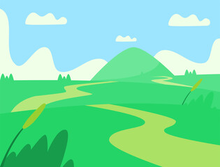 Obraz premium Illustration of a flat green landscape with hills and winding paths.