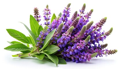 Fototapeta premium Beautiful Arrangement of Purple Salvia Flowers and Green Leaves on White Background