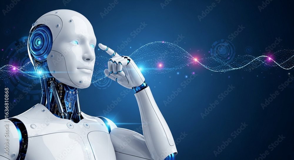 Poster humanoid robot with glowing blue eyes and circuits, touching its temple, symbolizing artificial inte