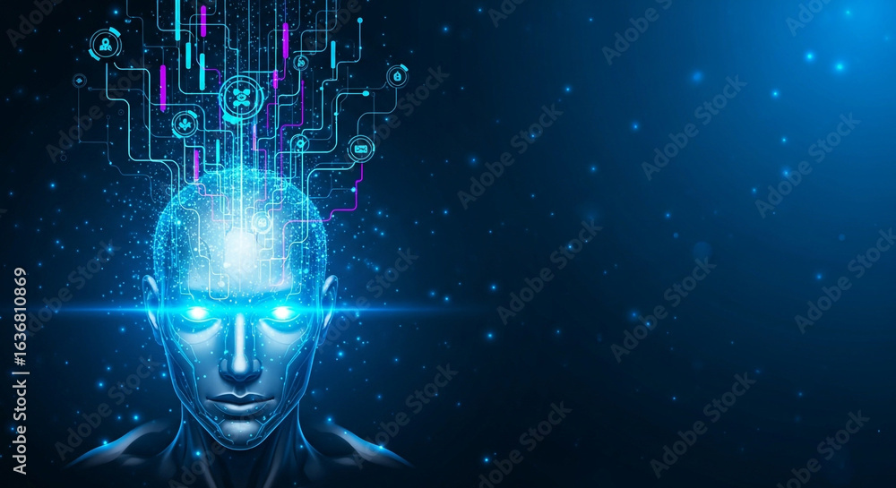 Poster artificial intelligence concept with a glowing digital human head and abstract data streams emanatin