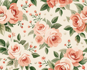 Seamless pattern with peach roses and green leaves on a beige background