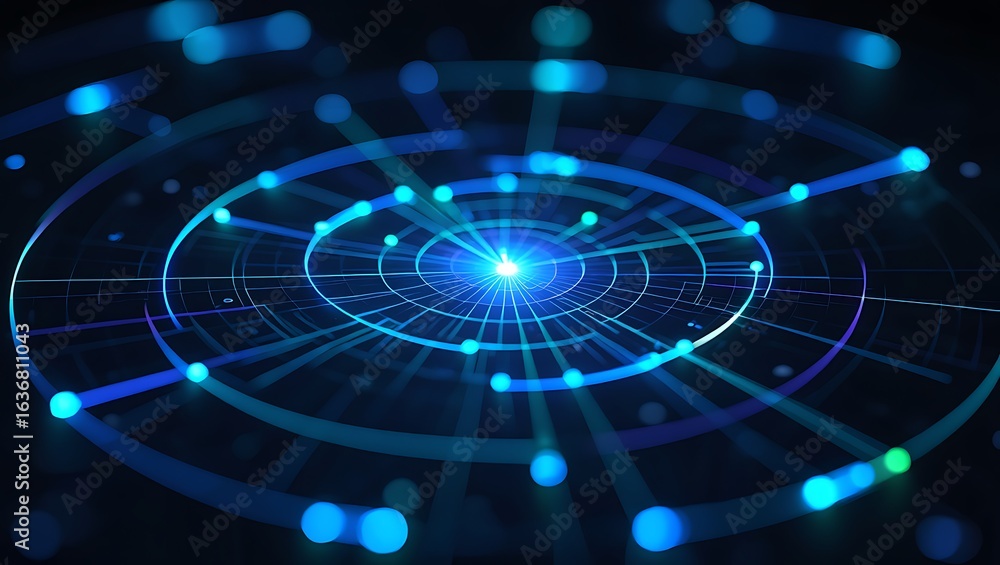 Poster dynamic blue abstract light lines and glowing spheres radiating from a central point, symbolizing da