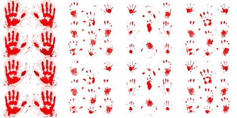 Collection of red bloody handprints and splatters on white background