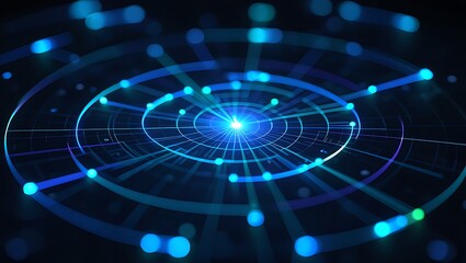 Dynamic blue abstract light lines and glowing spheres radiating from a central point, symbolizing data flow.