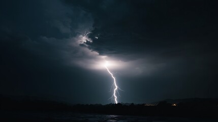 dramatic lightning bolt strikes through dark night sky over shadowed landscape
