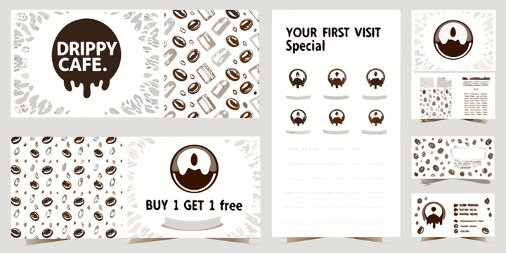 Drippy cafe branding and marketing materials with coffee bean motifs