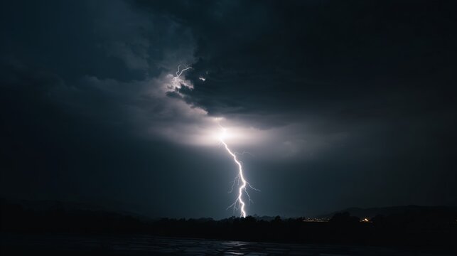 dramatic lightning bolt strikes through dark night sky over shadowed landscape