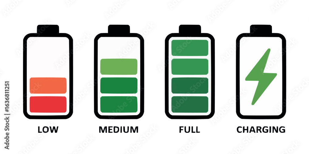 Poster battery level indicators with low medium full and charging status for electronic devices and technol