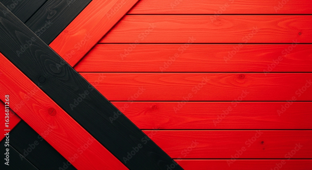 Poster abstract geometric pattern of red and black wooden planks arranged diagonally, creating a striking c