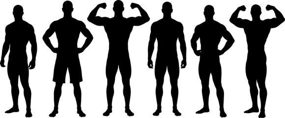 Set of muscular men and bodybuilder silhouettes in various fitness poses