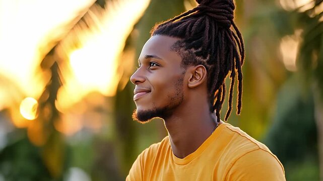 Young man with dreadlocks smiling in nature at sunset with palm trees in the background, warm tropical vibes