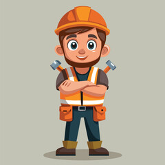 Cartoon Construction Worker with Cheerful Expression Stands Confidently with Arms Crossed Ready for any Building Project or Task