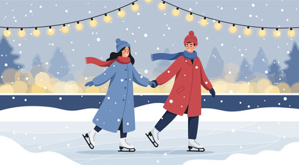 A couple ice skating handinhand during winter, surrounded by falling snow and festive string lights