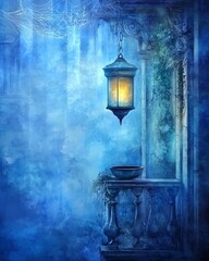 A captivating artwork featuring a glowing lantern amidst an ethereal blue background full of cobwebs, evoking feelings of mystery and wonder, perfect for Halloween or fantasy themes.