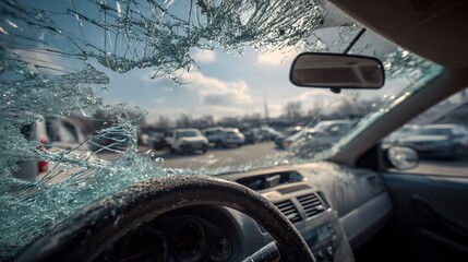 Obraz premium Vehicle damaged front window shattered, interior visible, in outdoor parking lot