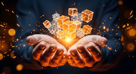 Human hands gently cradle a luminous network of interconnected digital cubes and sparkling light particles.