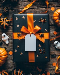 A beautifully wrapped black gift box adorned with orange ribbons and Halloween-themed decorations, perfect for spooky celebrations or autumn parties, showcasing festive spirit.