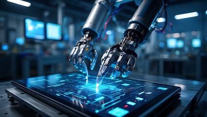 Close-up of robotic hands interacting with a glowing blue holographic circuit interface on a sleek digital tablet.