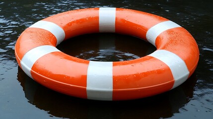 Orange and white life preserver in water.