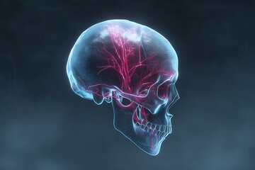 Human skull anatomy medical illustration with brain blood vessels for science and education use