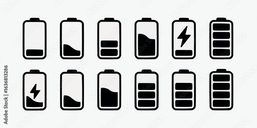 Poster set of battery charge level icons indicating power status and energy consumption for devices and gad