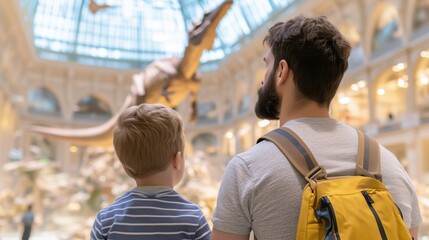 Dad and boy watching dinosaur skeleton in museum