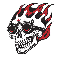 Skull with flames and goggles in edgy tattoo style