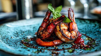 Grilled shrimp with roasted vegetables on a textured plate.