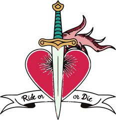 Heart pierced by sword with "Ride or Die" slogan in vibrant tattoo style

