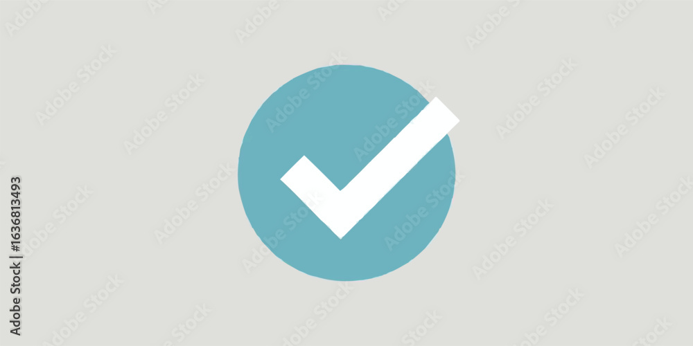 Poster successful task completion with check mark icon on light blue circle and grey background for interfa