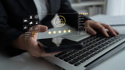 Customer feedback and satisfaction rating system showing star review, happy face, performance...