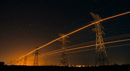 High-voltage power lines with glowing light trails of data under a starry sky