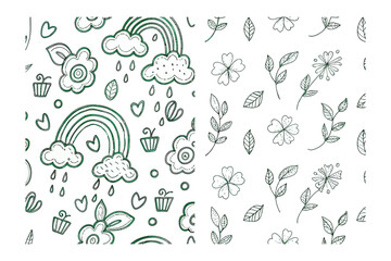 Floral and Rainbow Doodle Pattern: A charming seamless pattern featuring hand-drawn floral motifs and whimsical rainbows, perfect for adding a touch of elegance and creativity to any project. 
